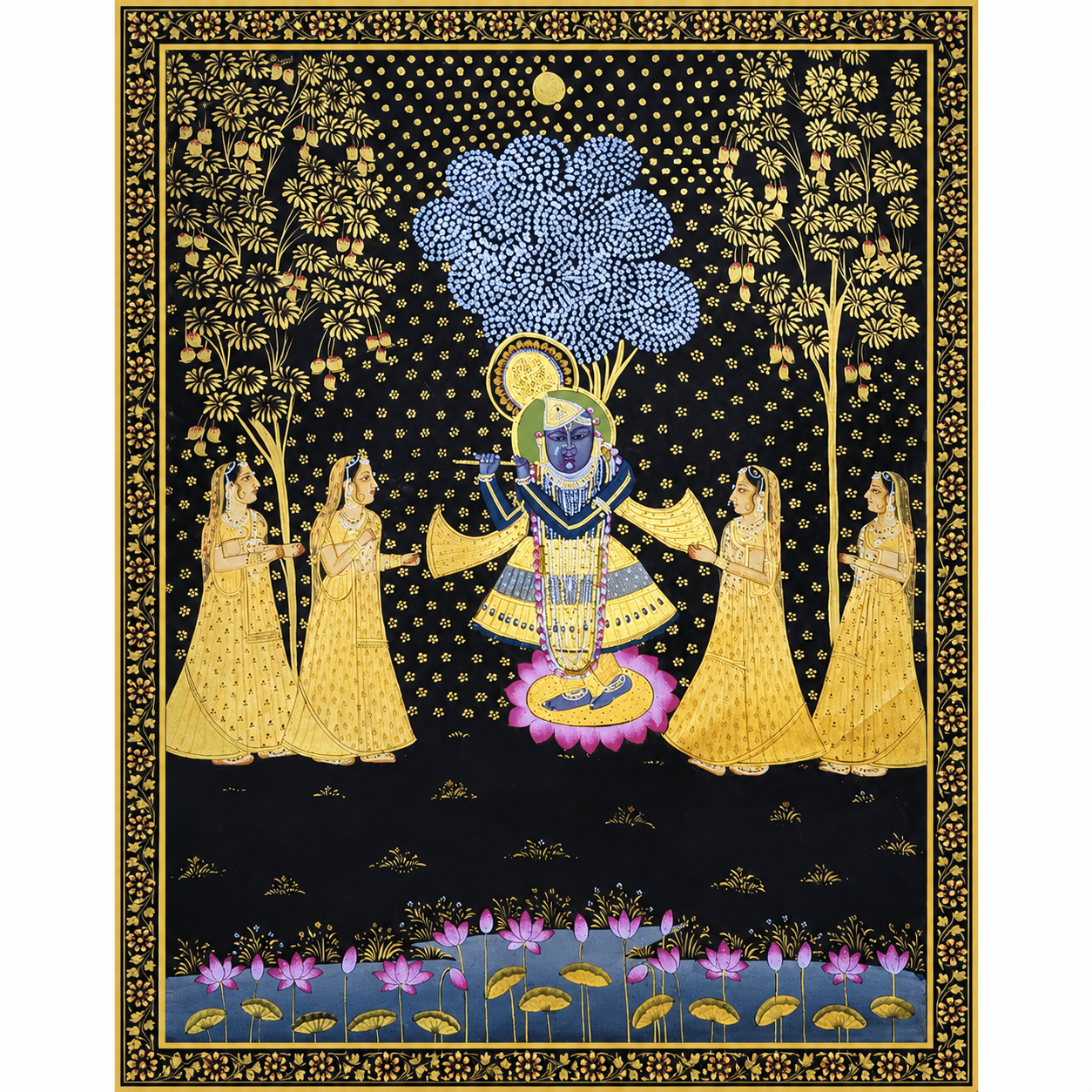 Shreenathji Pichwai Painting with Gopis | Handmade Nathdwara Art on Black & Gold (36x48 inch)